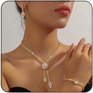 Gold Alloy Crystal Jewelry Set for Women - Earrings, Necklace & Bracelet